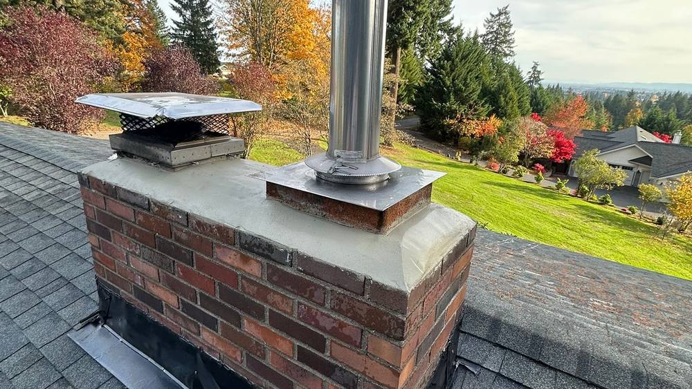 Chimney with metal cap and flue on a Portland home, chimney maintenance and cleaning.