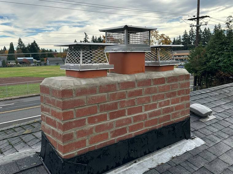 Brick chimney with chimney cap and liner, Portland fireplace project.