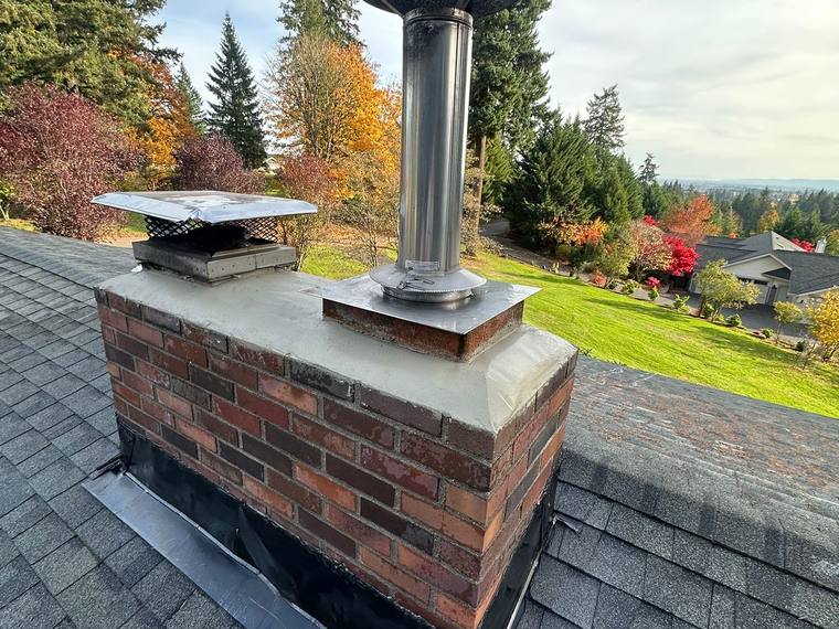 Brick chimney with stainless steel liner and chimney cap, Portland fireplace project.