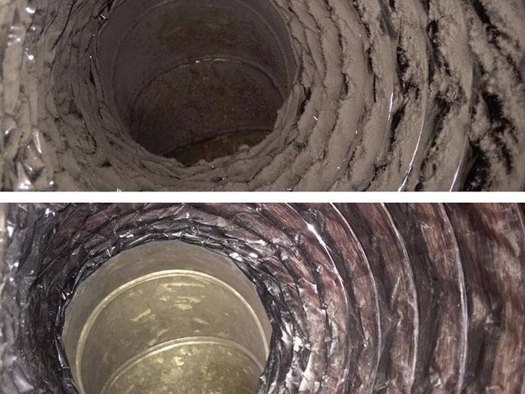 Dirty air duct interior and cleaned air duct demonstrating HVAC service.