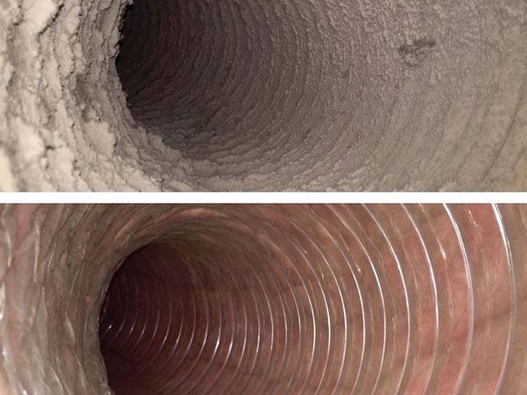 Clogged air duct interior and cleaned air duct comparison, HVAC service project.