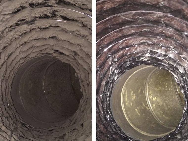 Before and after air duct cleaning showcasing HVAC service by Forest Fresh Home Solutions.