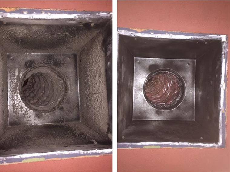 Dirty air duct before and after cleaning by Forest Fresh Home Solutions.