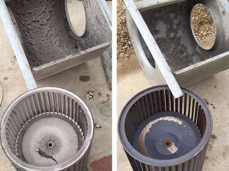 Dirty air duct components before cleaning and HVAC service.