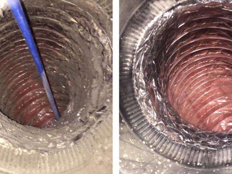 Dirty air duct before and after cleaning by Forest Fresh Home Solutions.