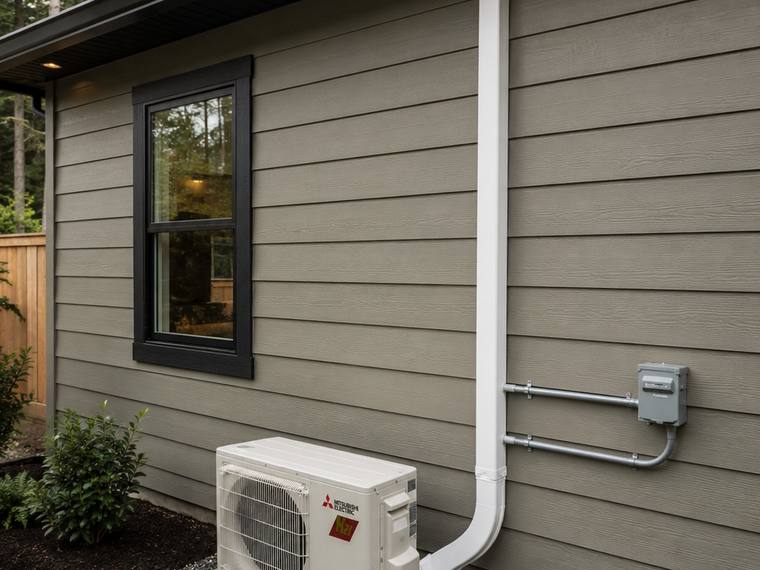 Gray siding exterior with mini-split heat pump and ductwork for heating and cooling solutions.