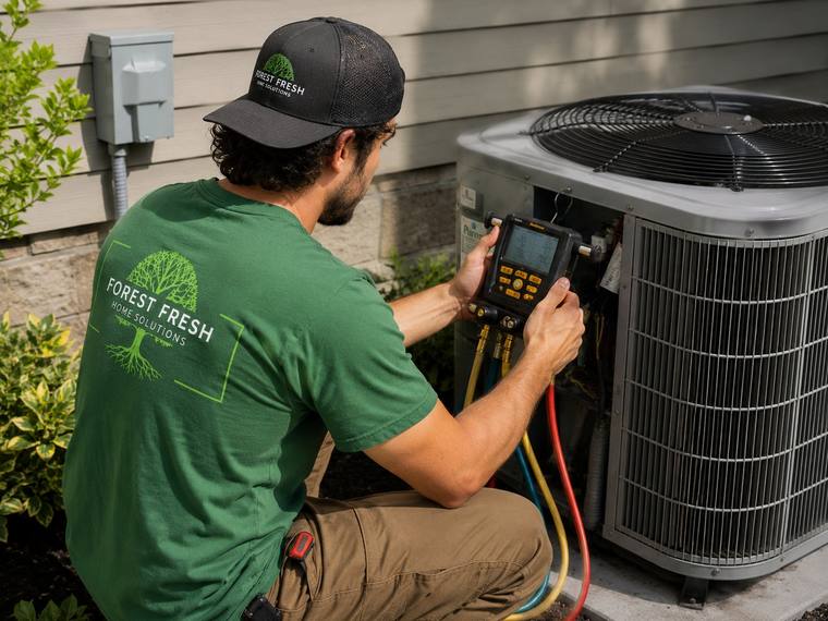 Forest Fresh technician inspecting air conditioning unit for heating and cooling services.