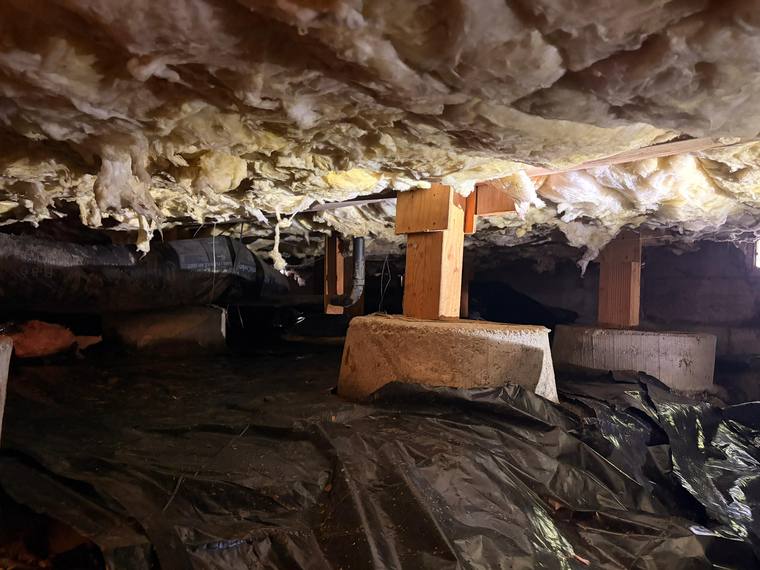 Attic insulation project with blown-in fiberglass and encapsulation by Forest Fresh Home Solutions.