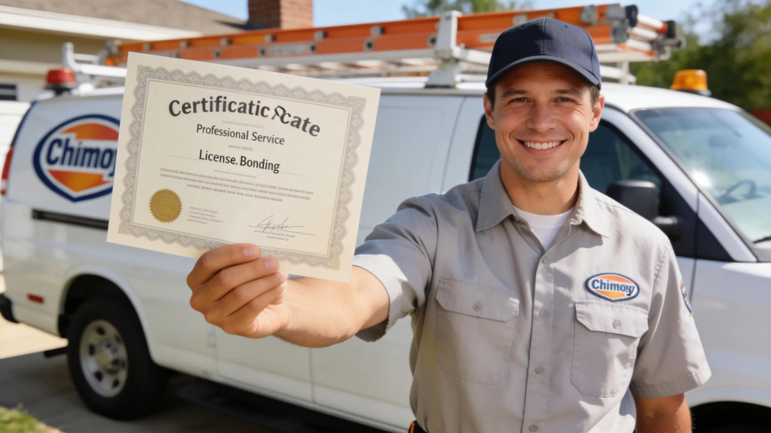 Chimney technician presenting license certificate, symbolizes trust and professionalism