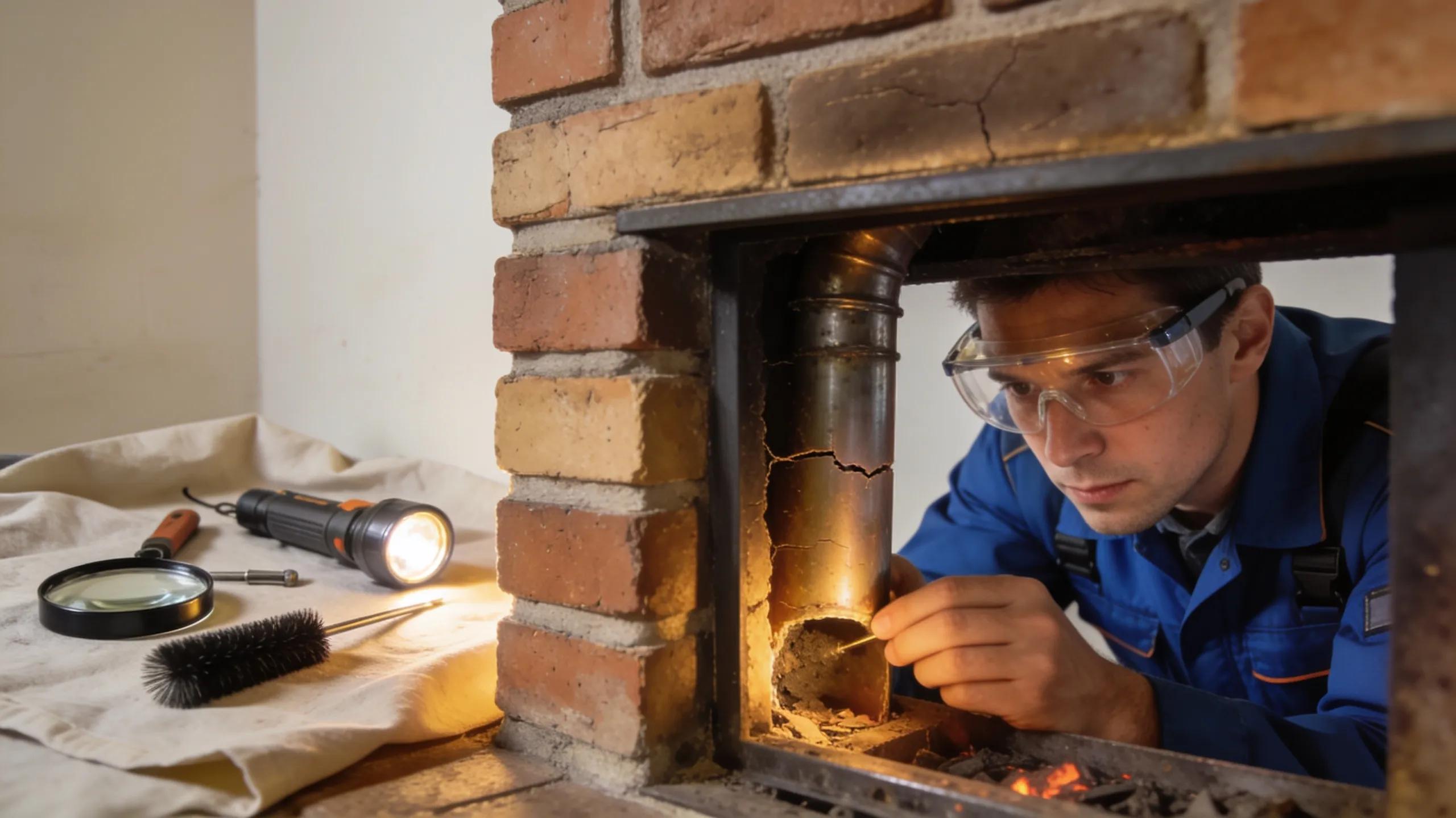 Technician conducting a comprehensive inspection of a fireplace and chimney structure