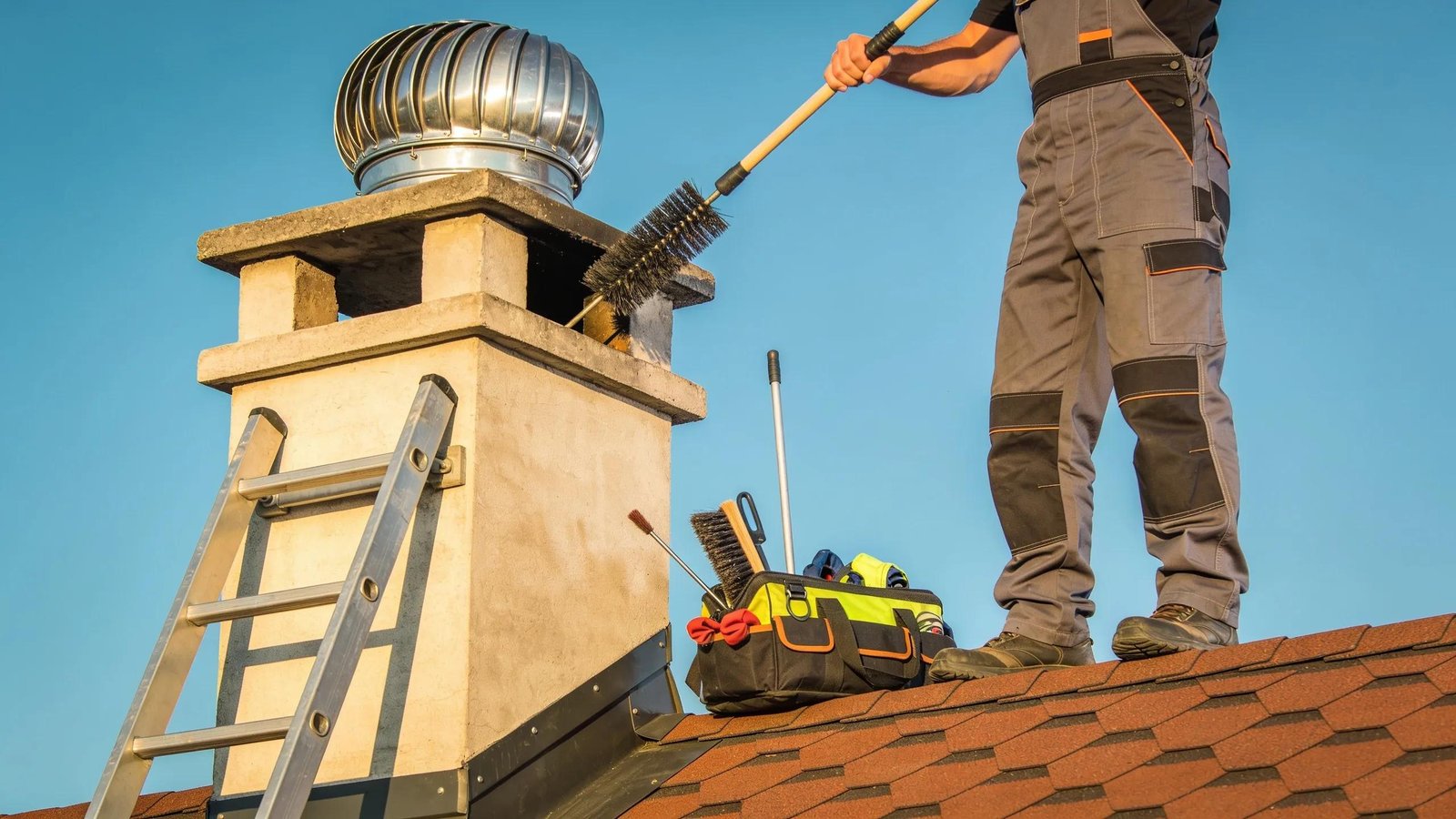 Chimney maintenance service with tools against a clear sky