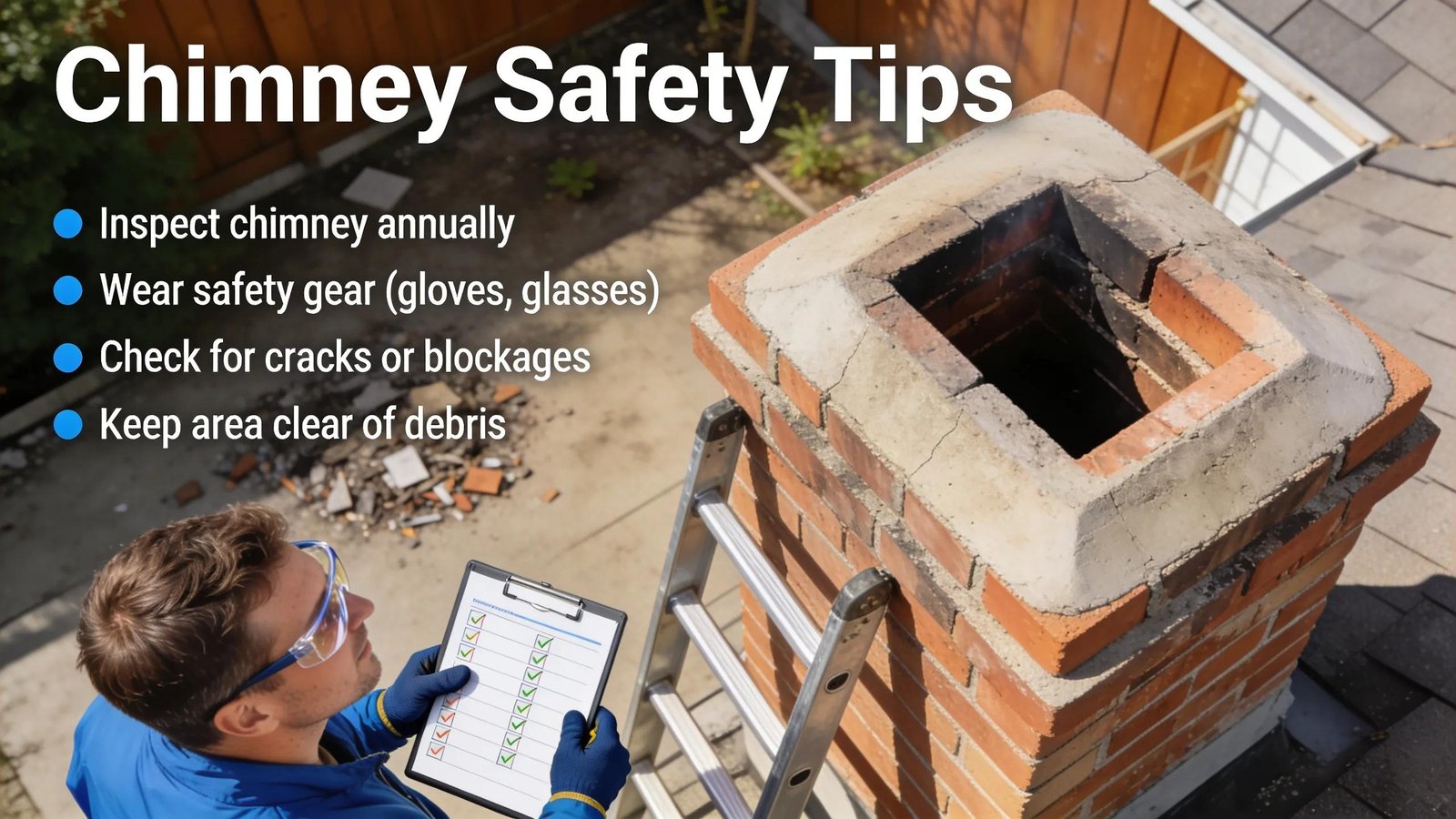Homeowner inspecting chimney with safety checklist outdoors