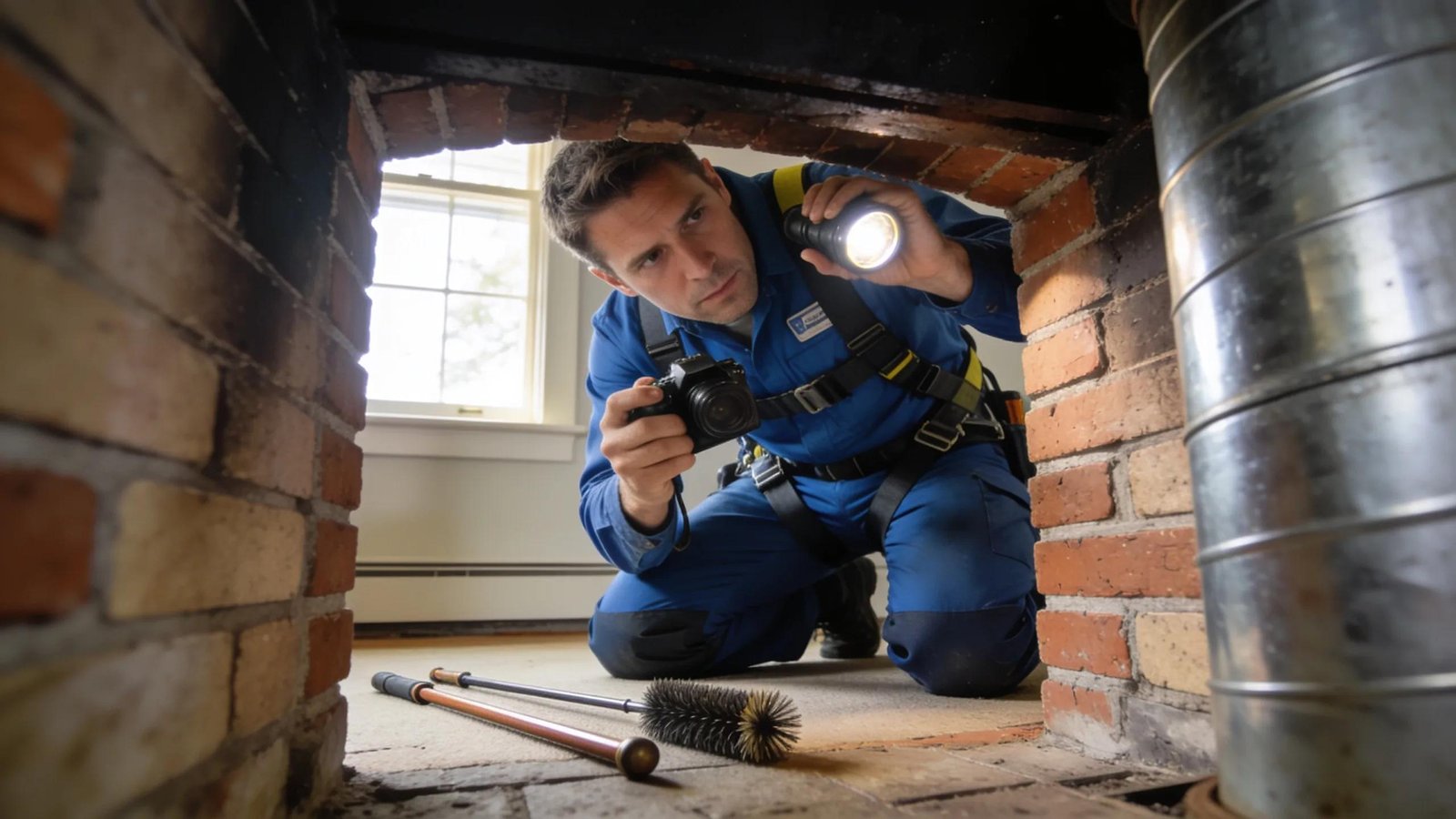 A technician conducting a chimney inspection in a Portland home, highlighting the importance of flue relining