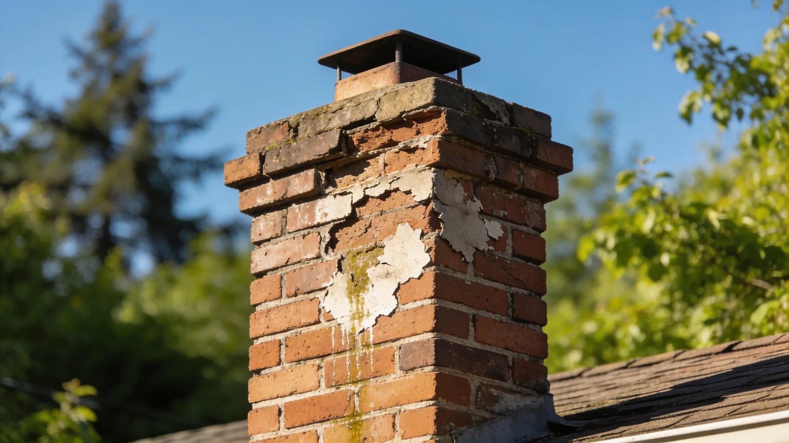 A brick chimney displaying spalling and moisture damage in a suburban setting, emphasizing urgent repair needs