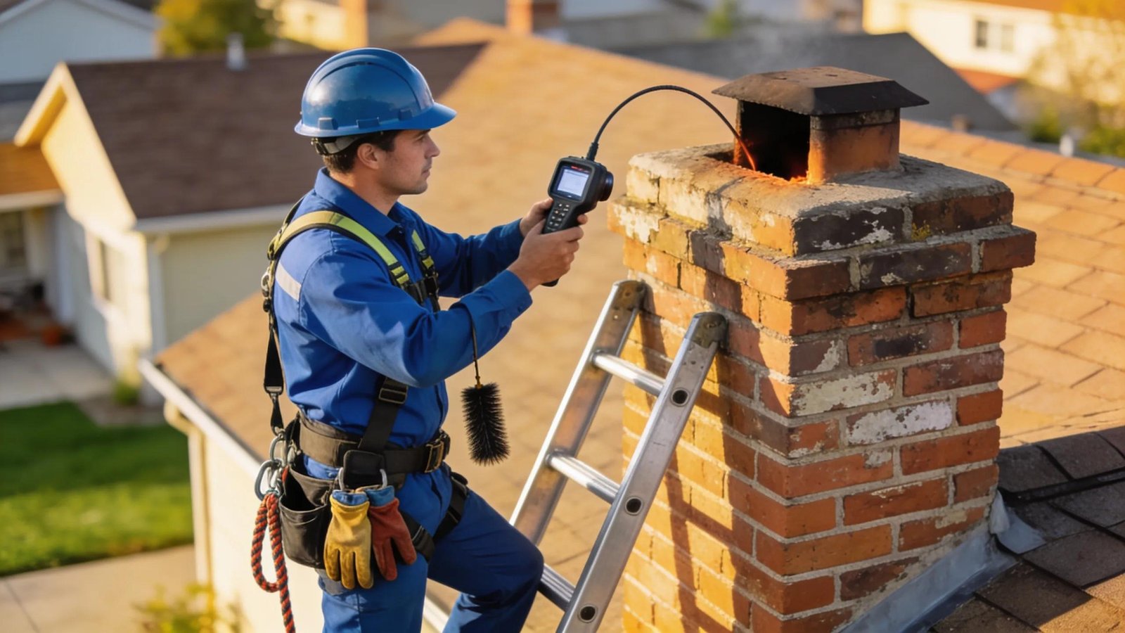 Chimney inspection with technician and tools in a suburban environment