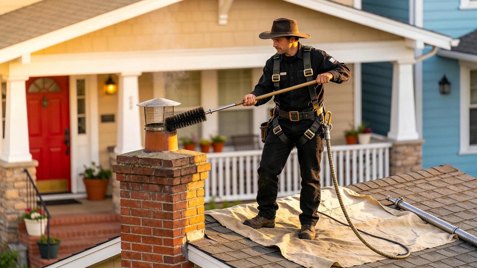 Professional chimney sweep cleaning a chimney in a Portland home