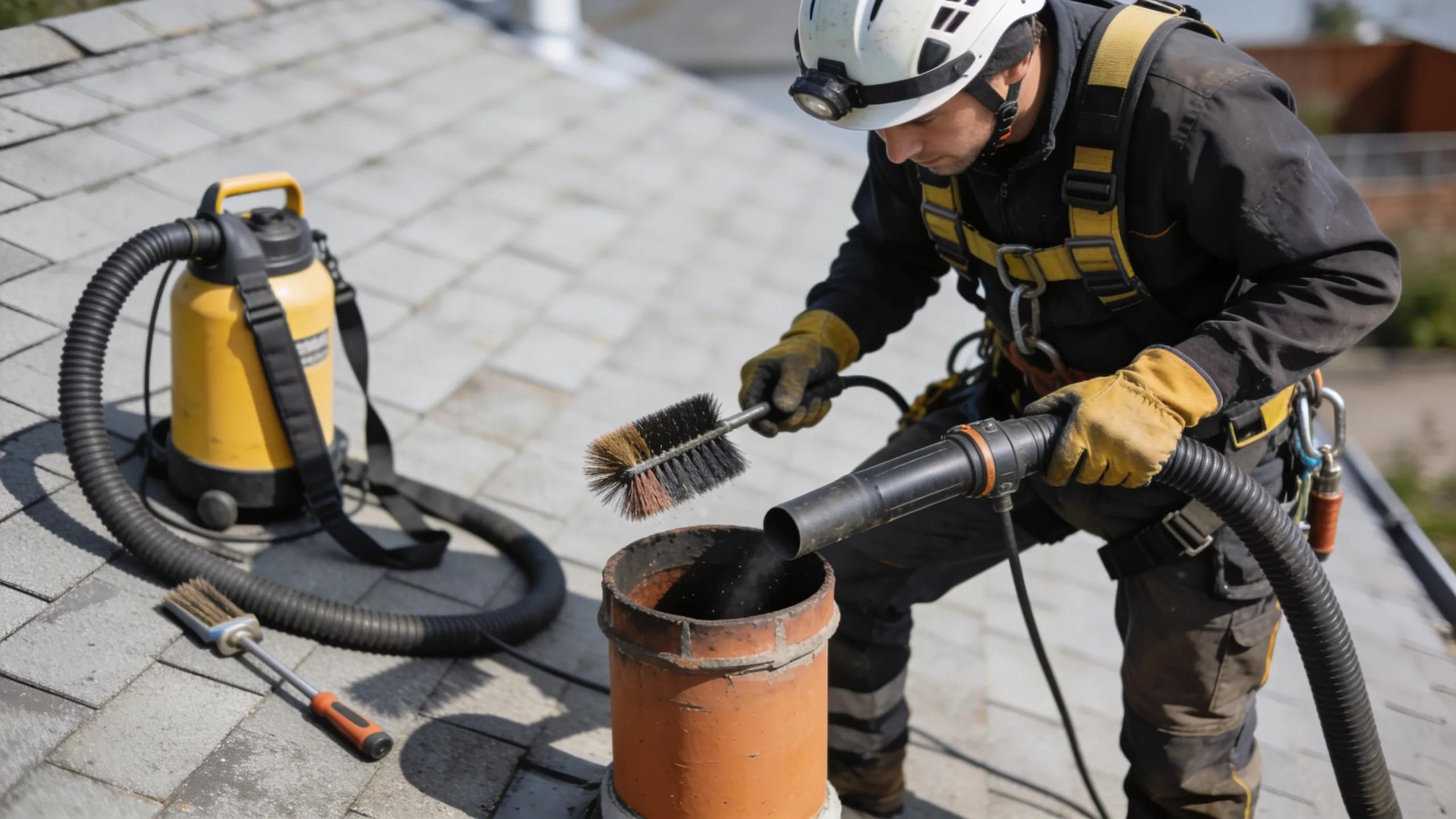 Professional chimney sweep cleaning a chimney pipe, emphasizing maintenance importance