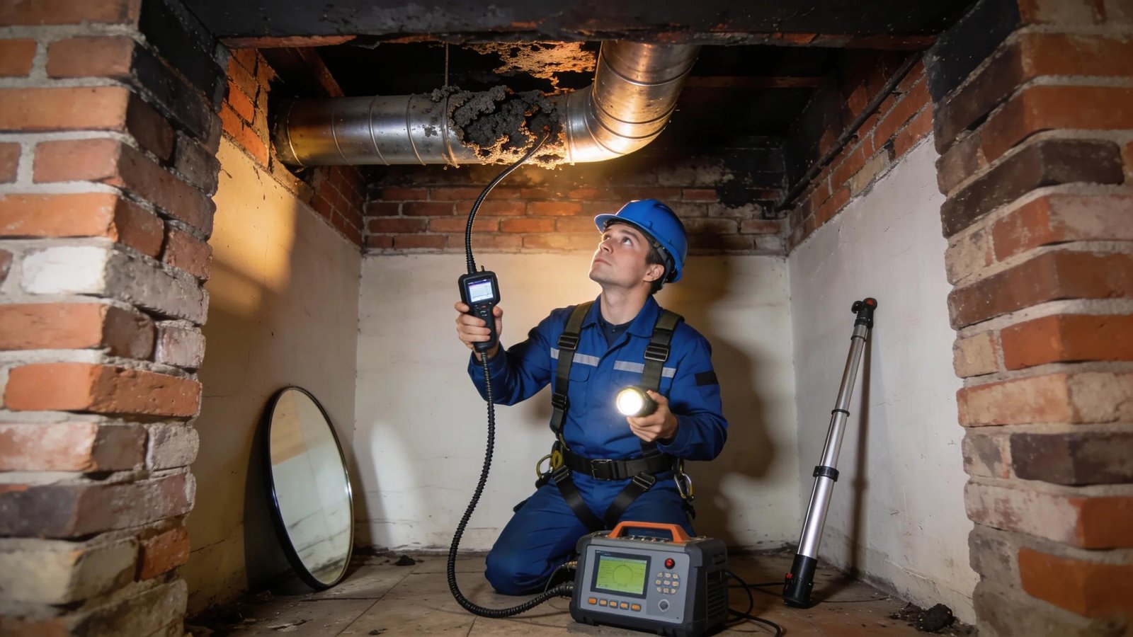Technician conducting a chimney inspection with specialized tools