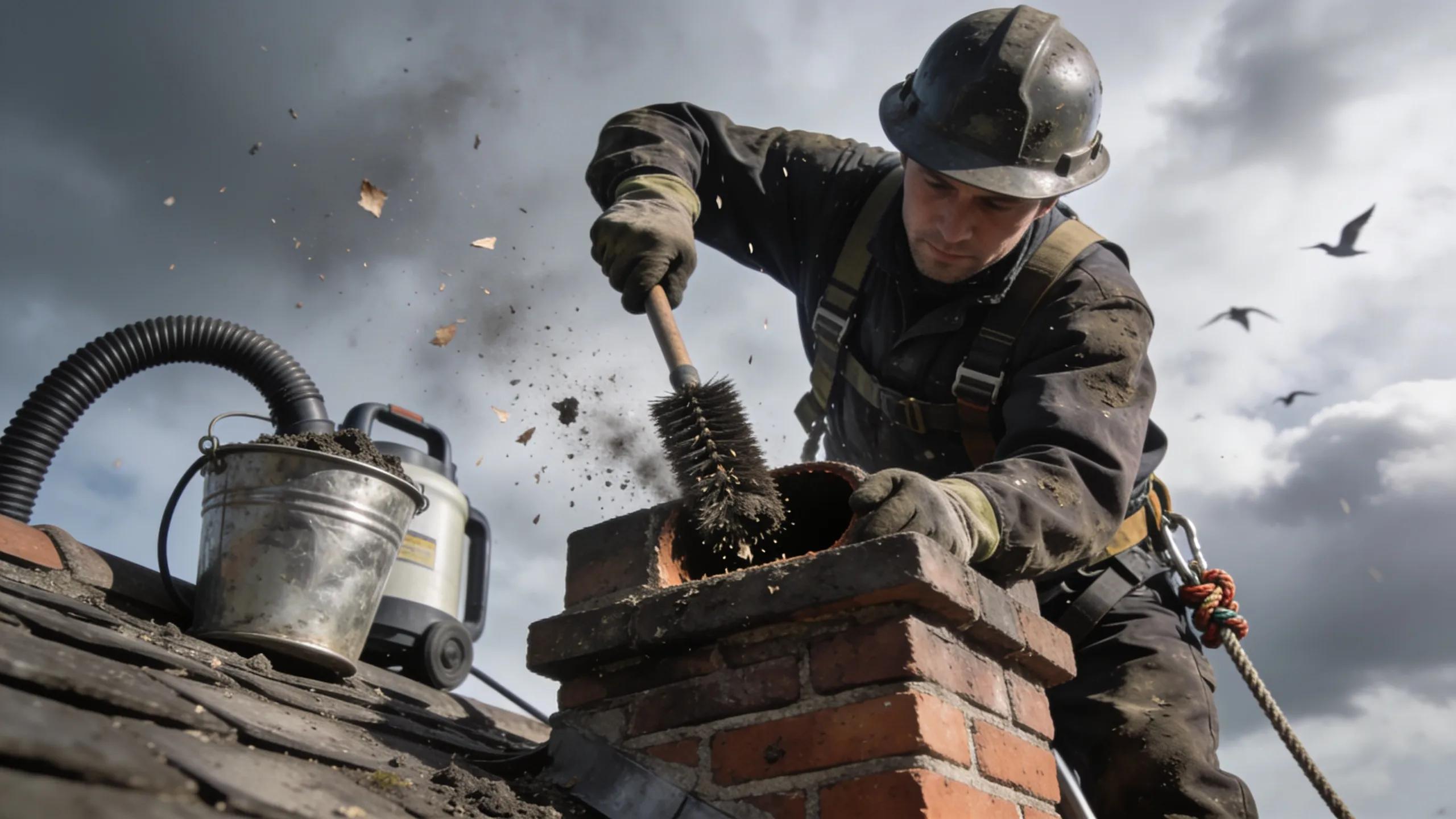 Professional chimney sweep cleaning creosote buildup, ensuring safety
