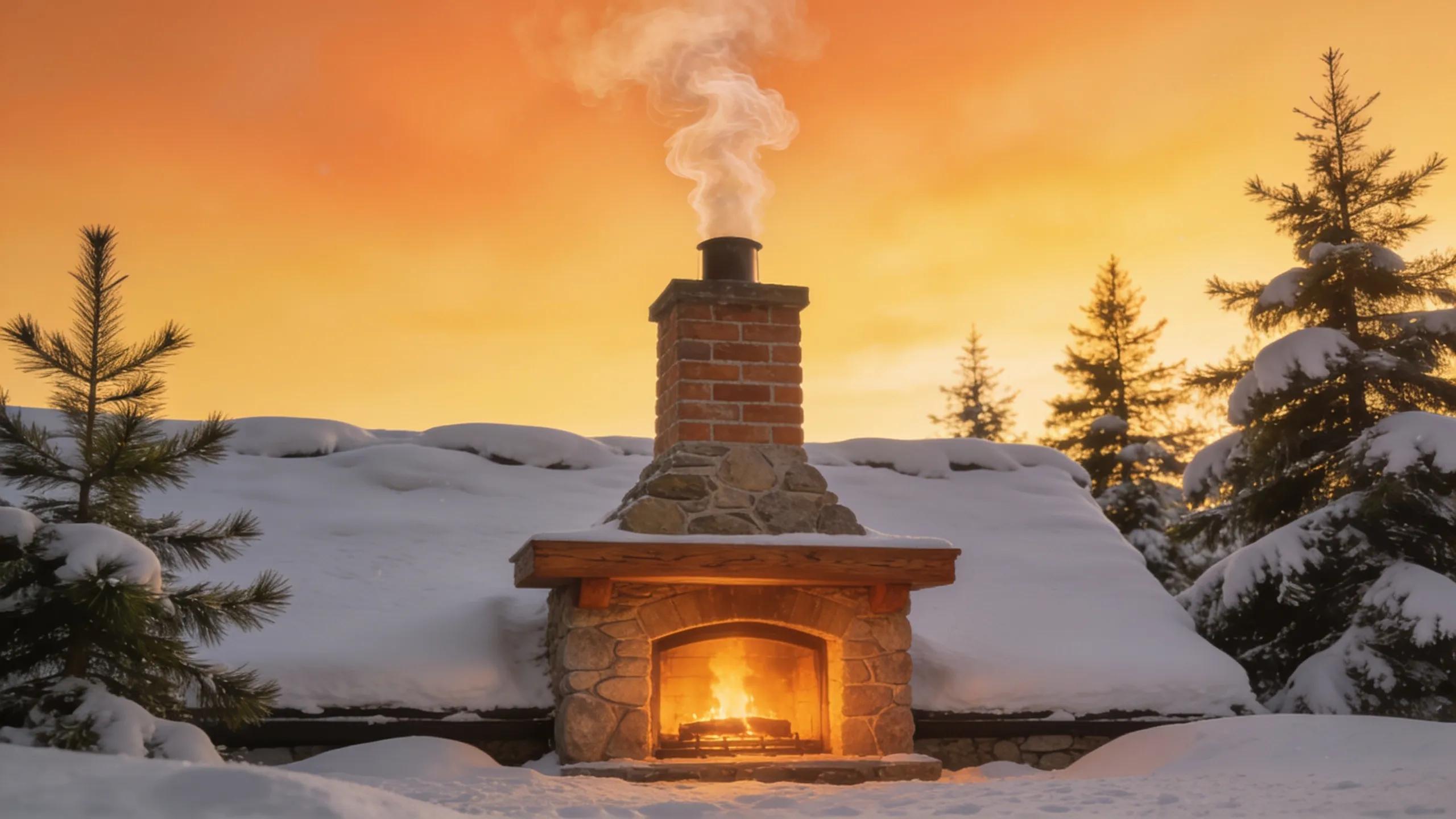 Chimney in winter, warm glow from fireplace, evokes safety and comfort