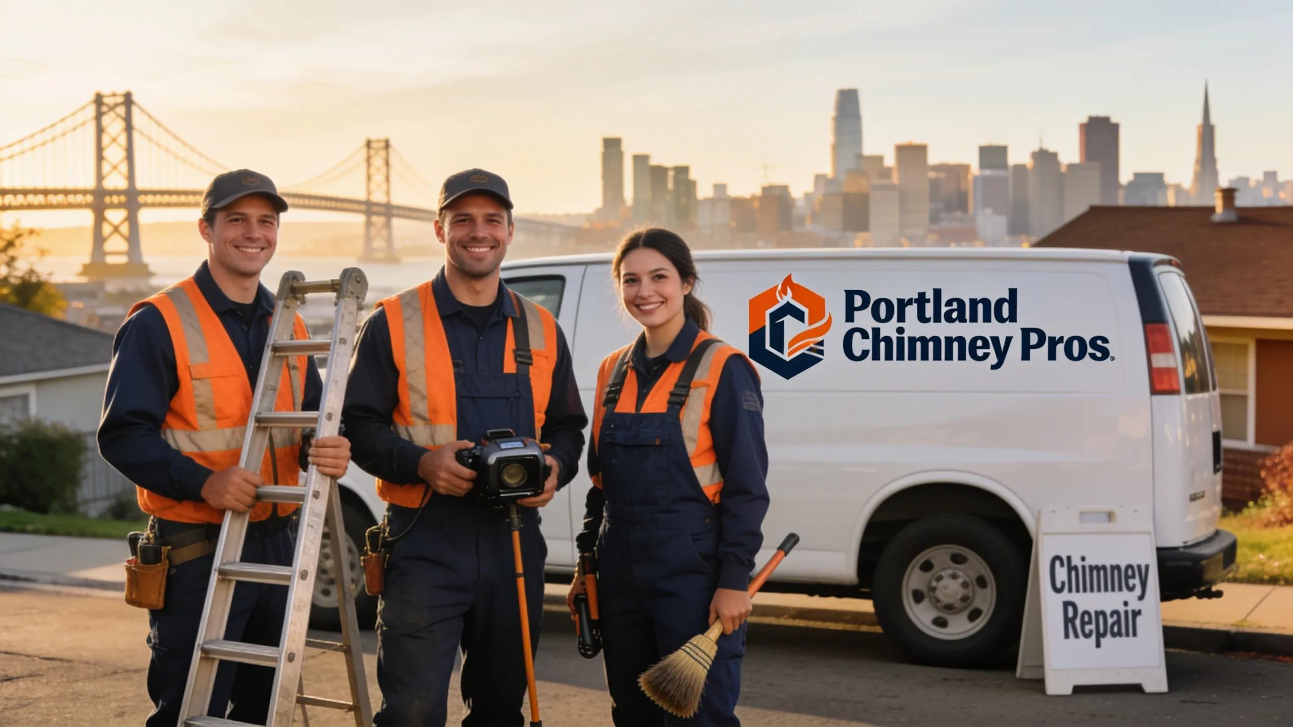 Chimney repair team in front of their service van, highlighting local repair solutions in Portland