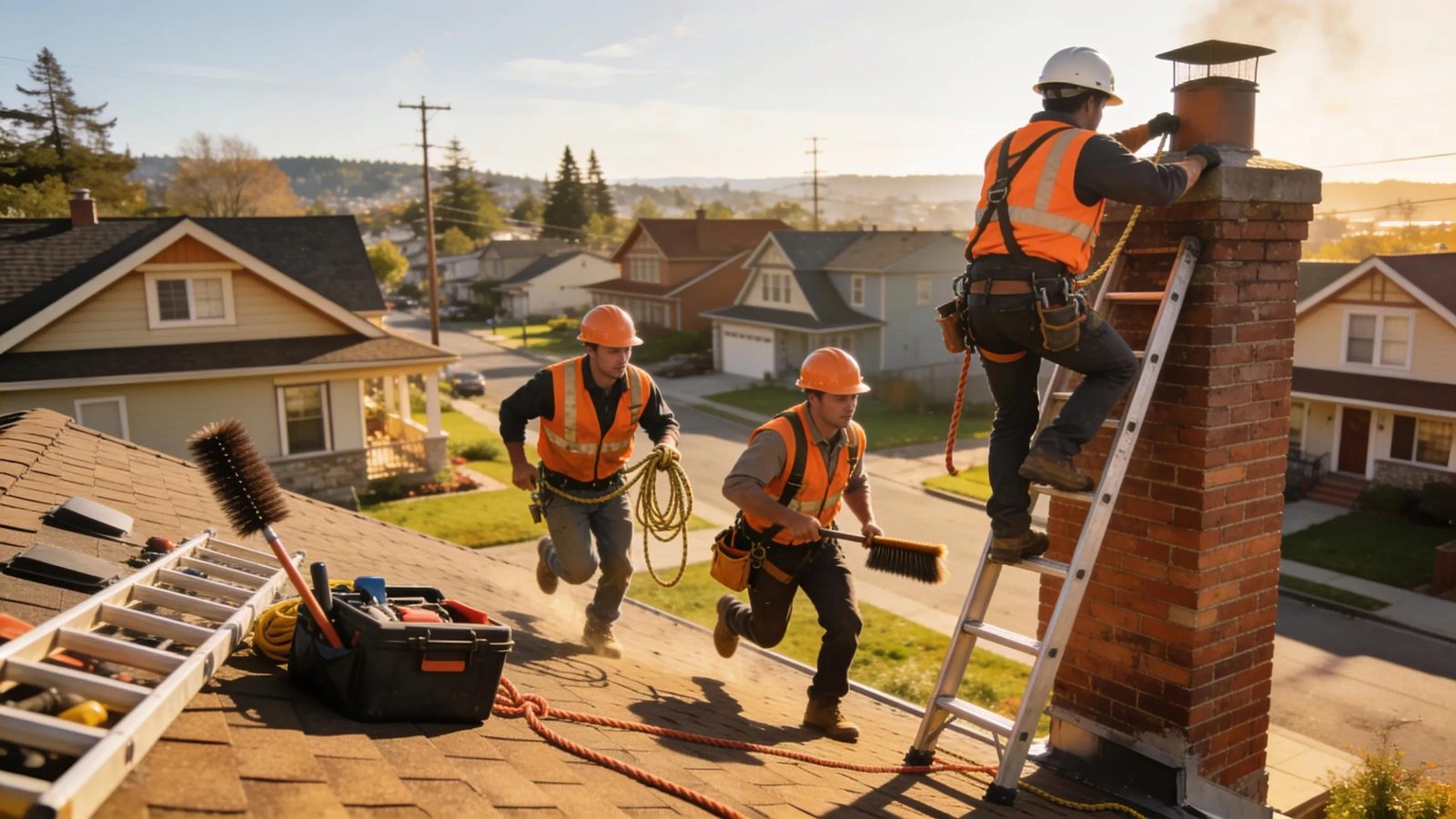 Emergency chimney repair team addressing urgent repairs in a residential setting