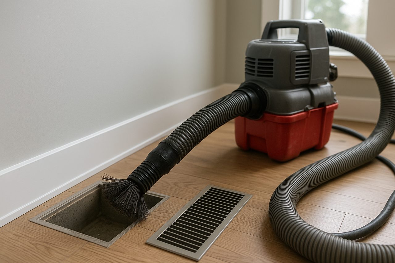 Professional air duct cleaning equipment vacuuming a Portland home's air vent.