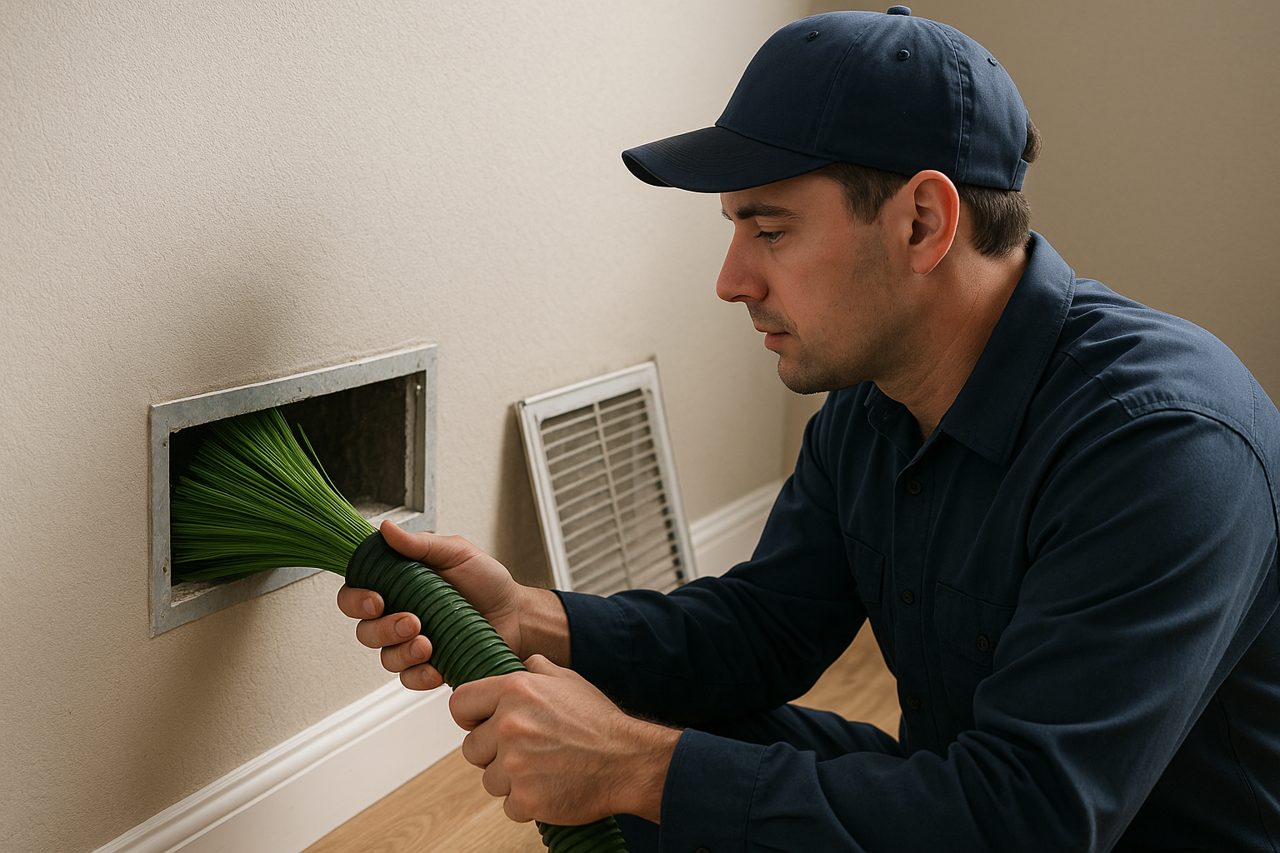 Air duct cleaning professional using brush to clear vent, improving Portland home air quality.