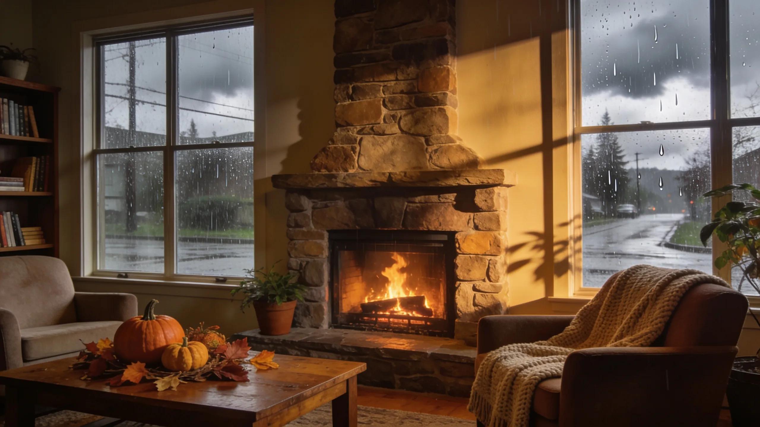 Cozy living room with a well-maintained fireplace on a rainy Portland day