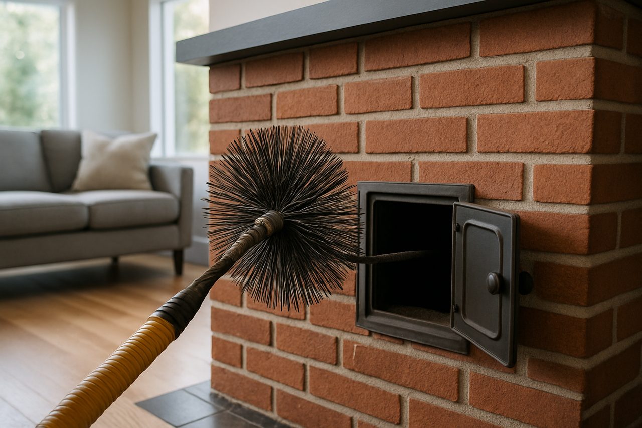 Fireplace chimney brush cleaning tool and brick fireplace in Portland home