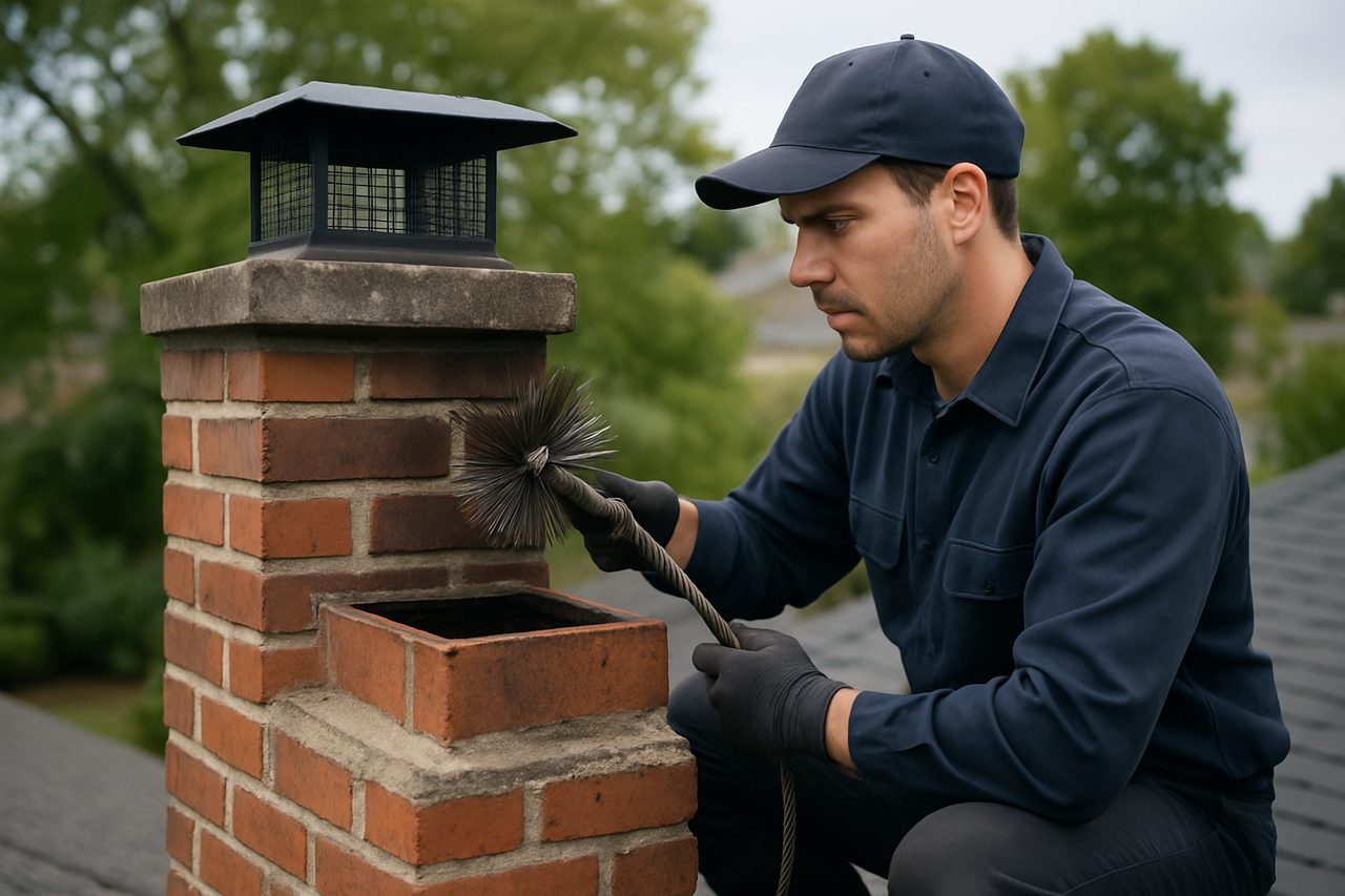 Chimney sweep cleaning brick chimney with brush and rope, Portland chimney maintenance.