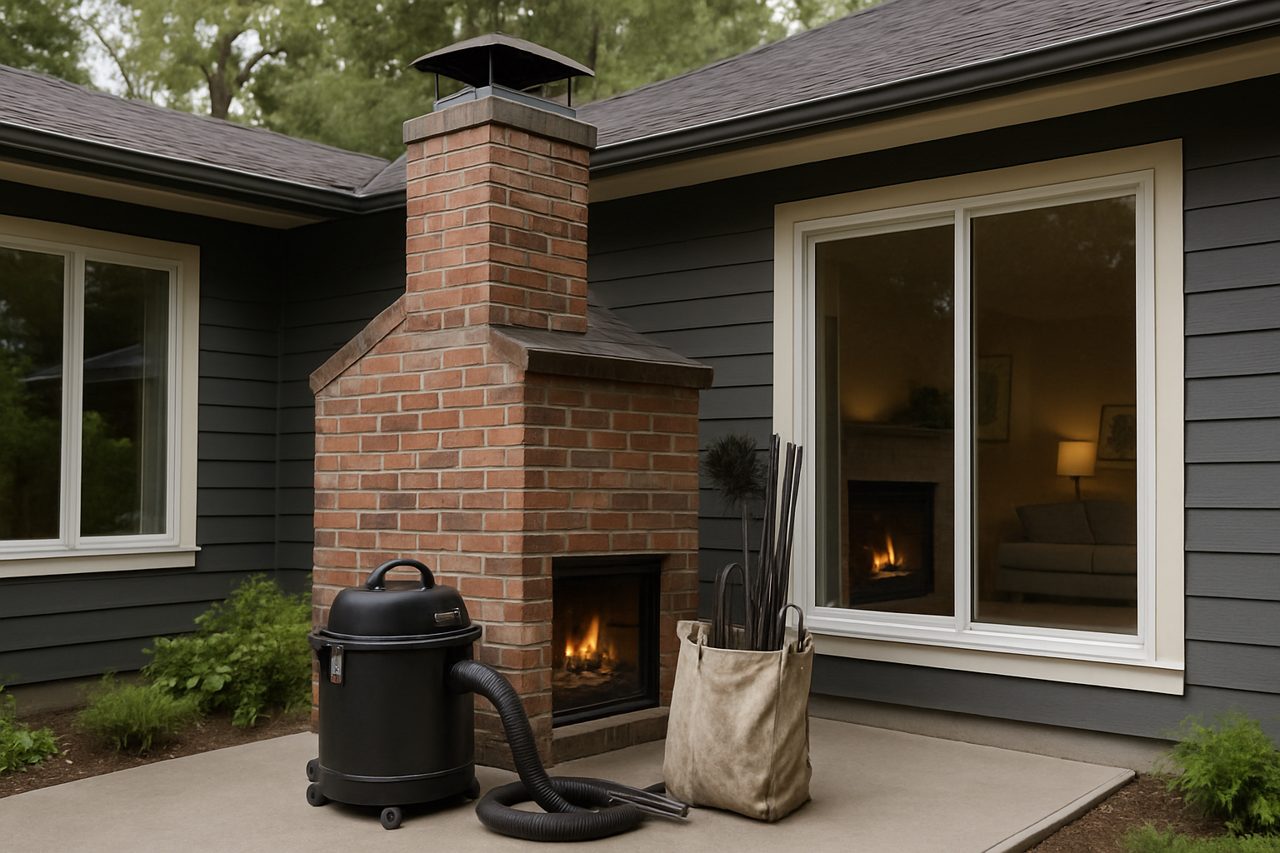 Brick chimney and fireplace on Portland home, with cleaning equipment and fire burning.