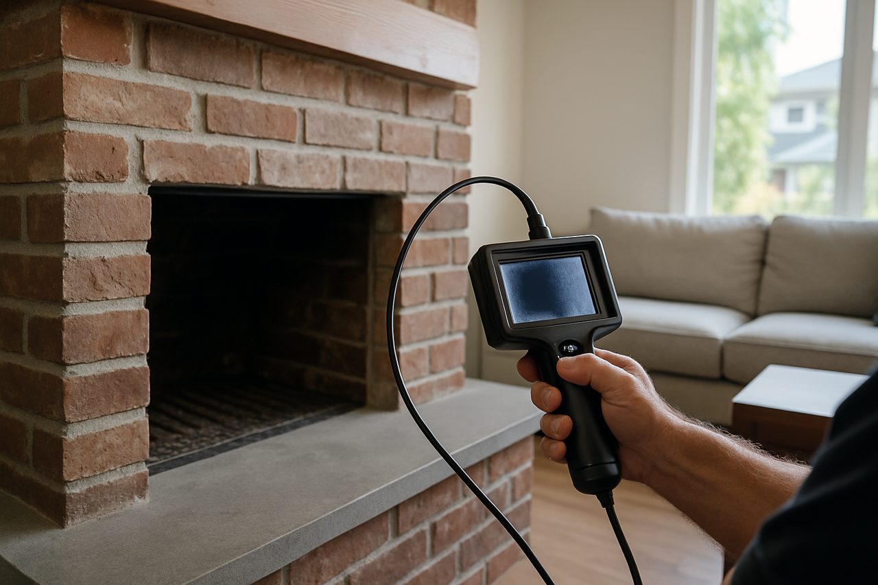 Chimney inspection with camera inside brick fireplace flue.