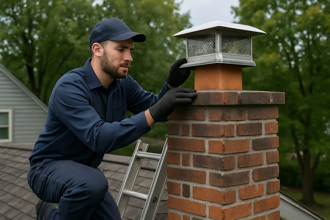 Chimney inspector examining brick chimney and cap in Portland, Oregon