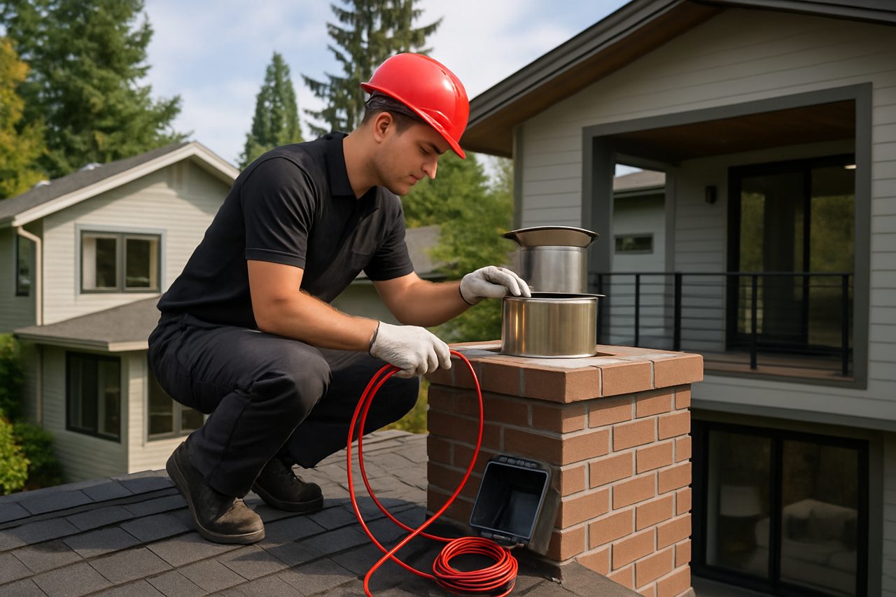 Chimney inspection in Portland: technician examining chimney cap on residential home