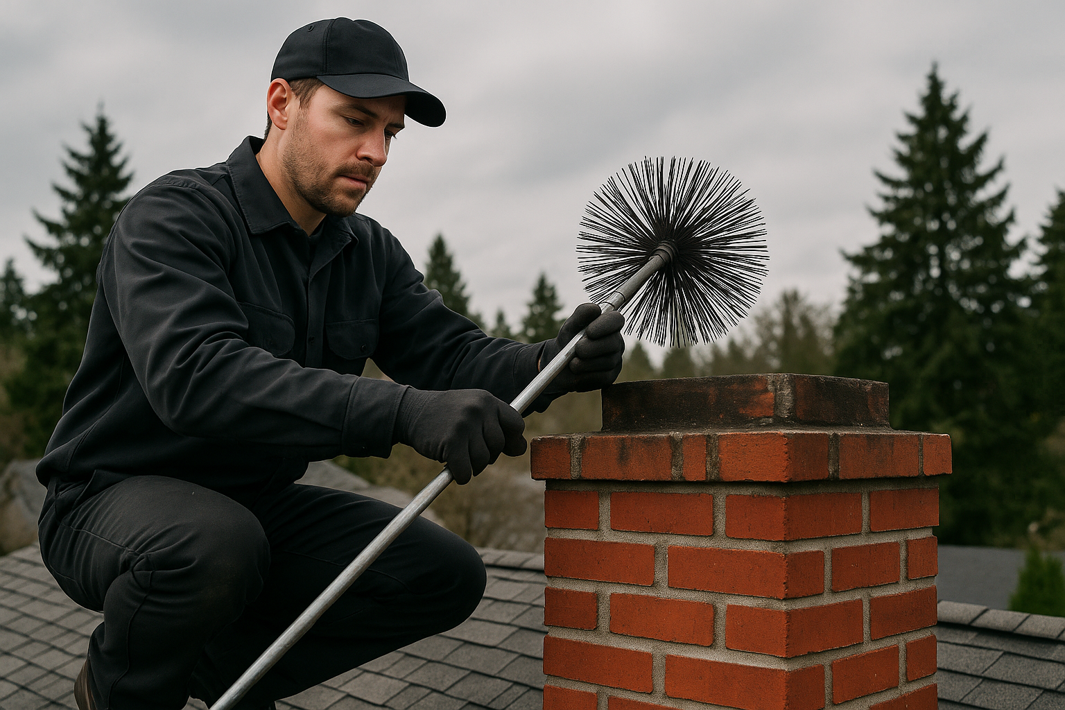 Chimney sweep cleaning flue with brush, ensuring safety and removing creosote buildup.