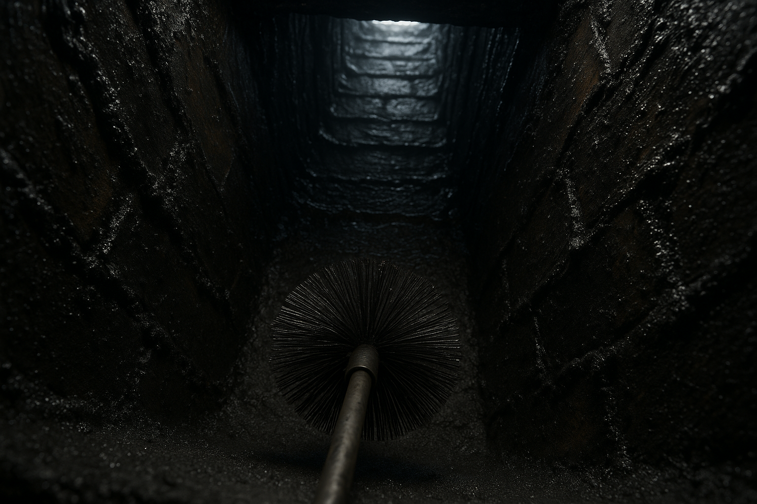 Creosote buildup inside chimney and chimney cleaning brush for annual inspection.