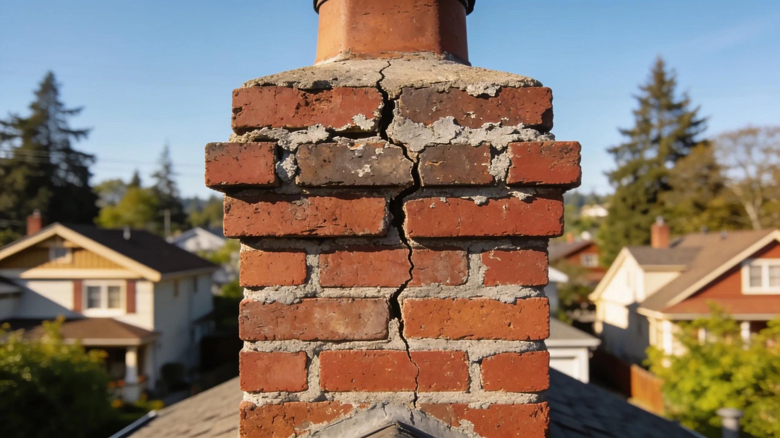 Close-up view of a worn brick chimney in a Portland neighborhood, highlighting masonry damage and signs of wear