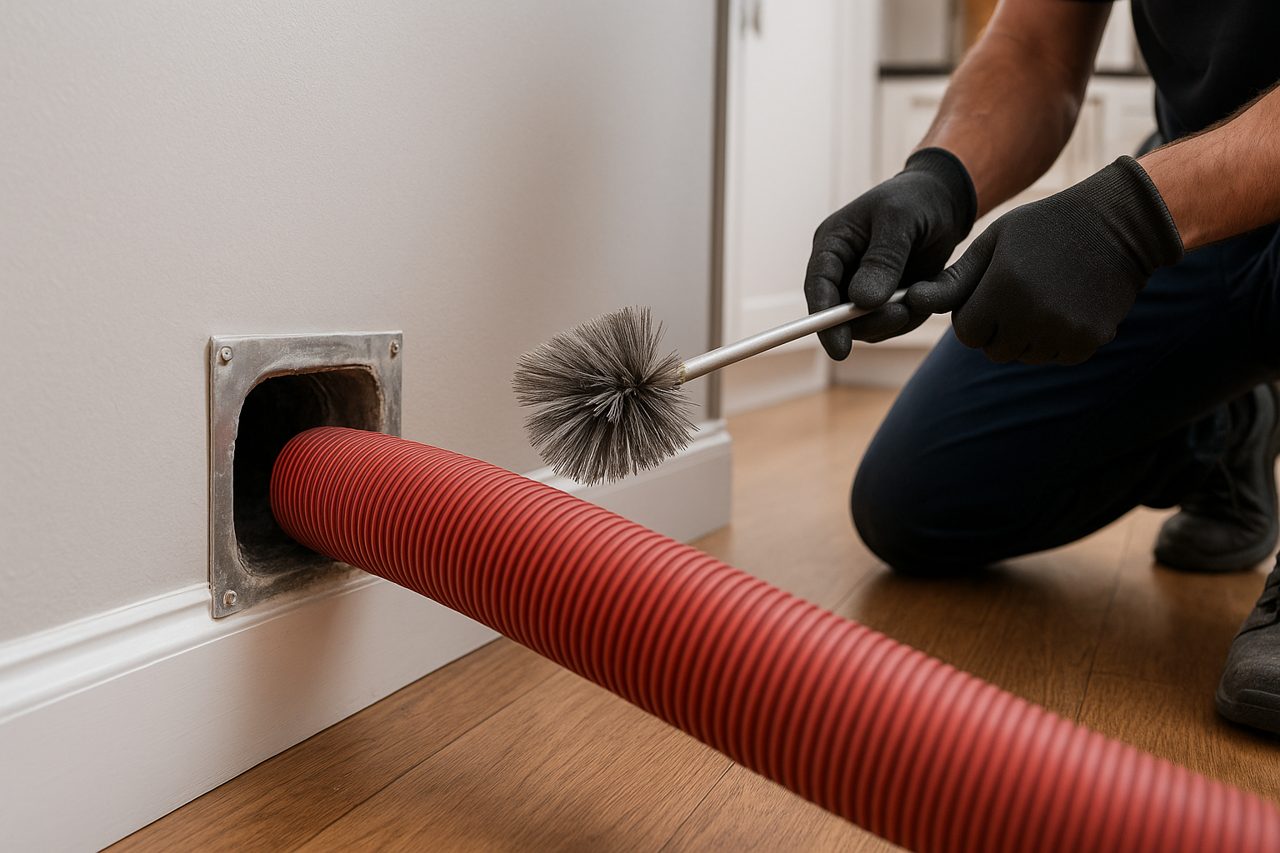 Professional cleaning dryer vent with brush and flexible rod, preventing fire hazards in Portland homes.