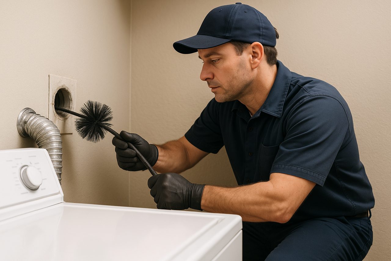 Technician cleaning dryer vent with brush, preventing fire hazards in Portland homes.