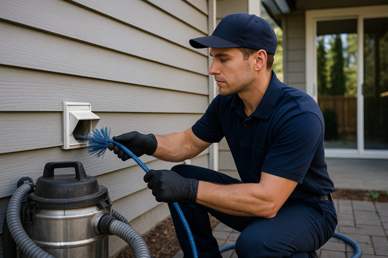 Dryer vent cleaning service in Portland, Forest Fresh technician cleaning vent with brush and vacuum.