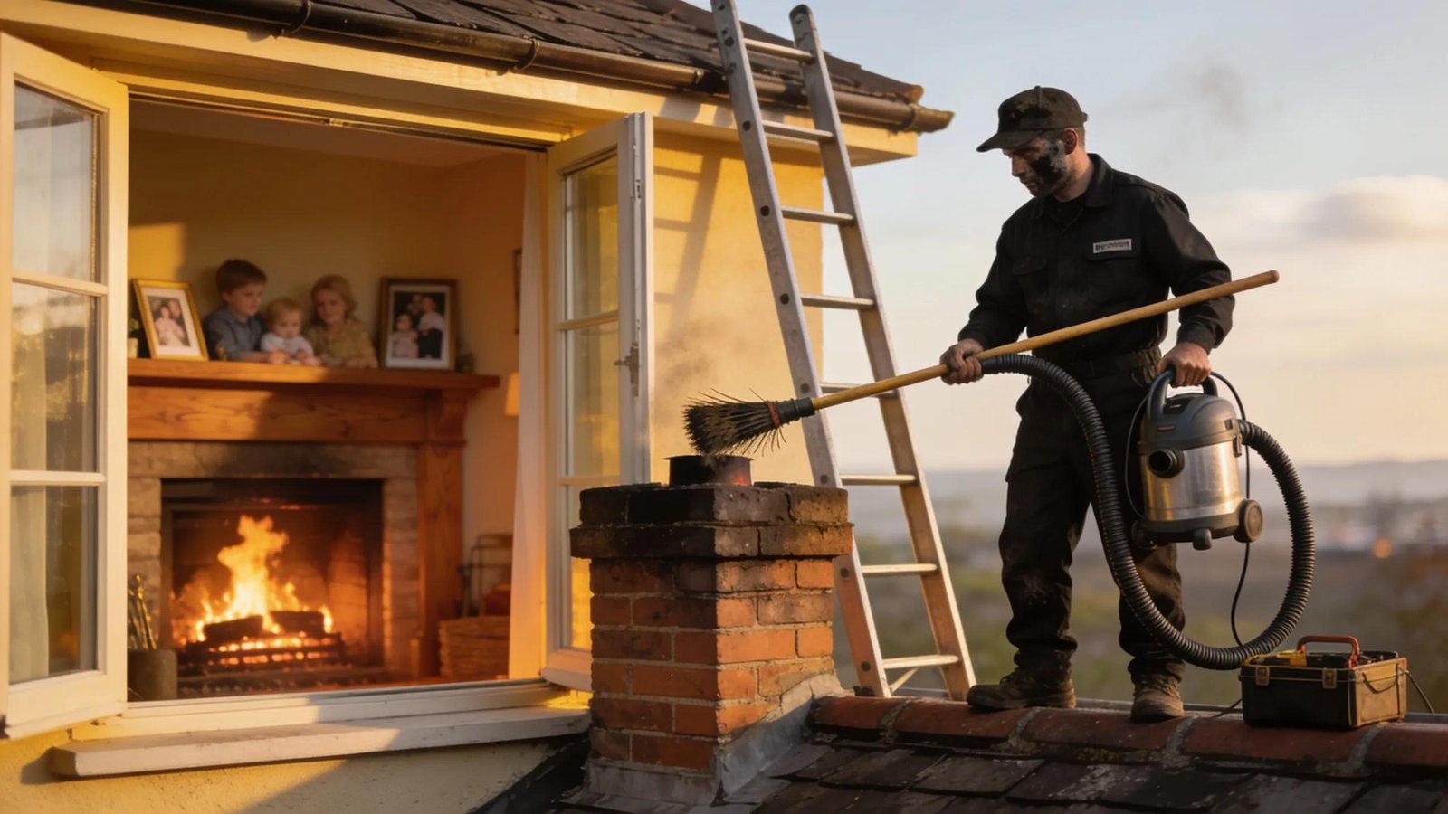 Chimney sweep cleaning a chimney with brush and vacuum near a cozy fireplace