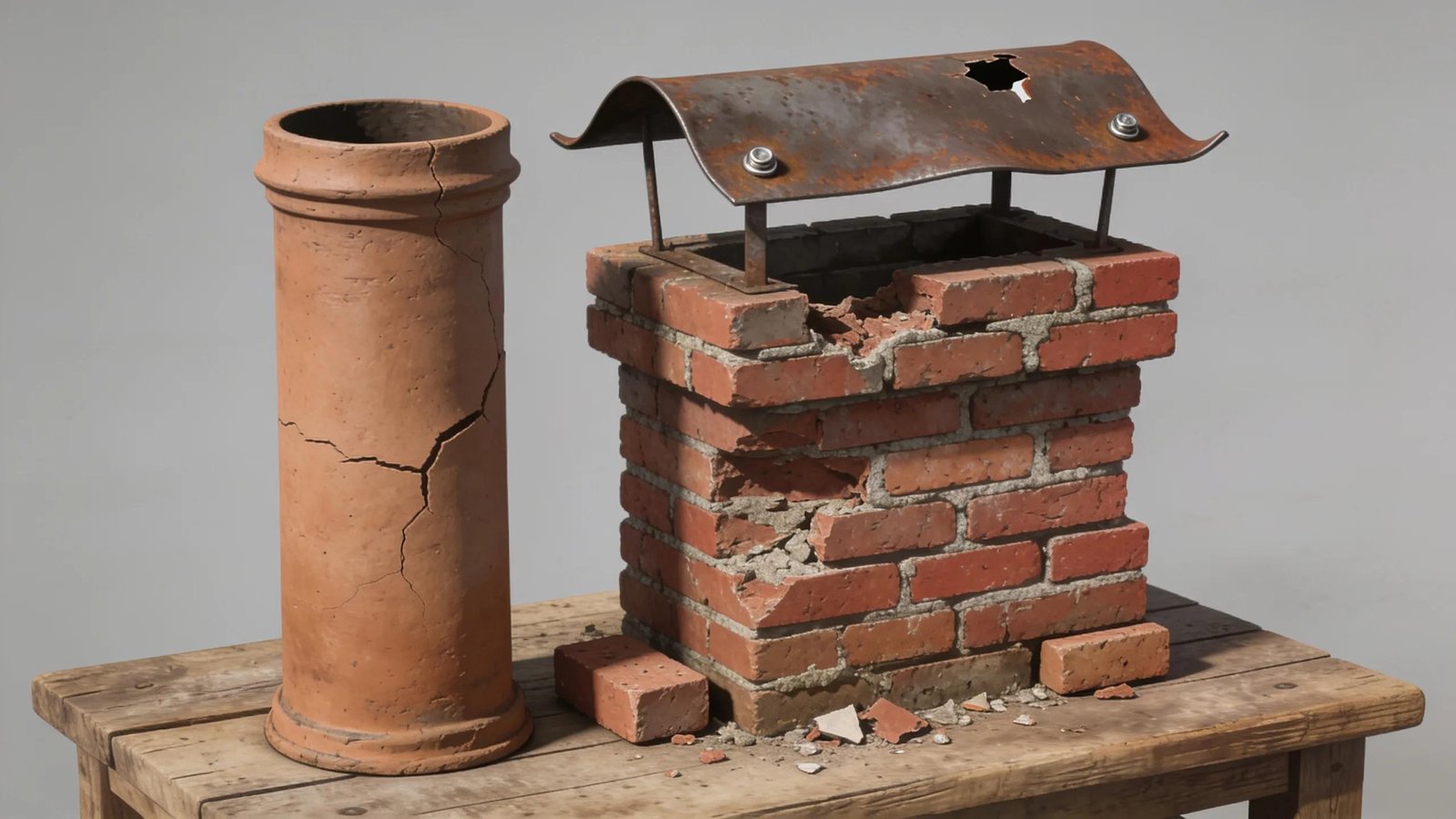 Chimney components showing cracks and wear influencing maintenance pricing