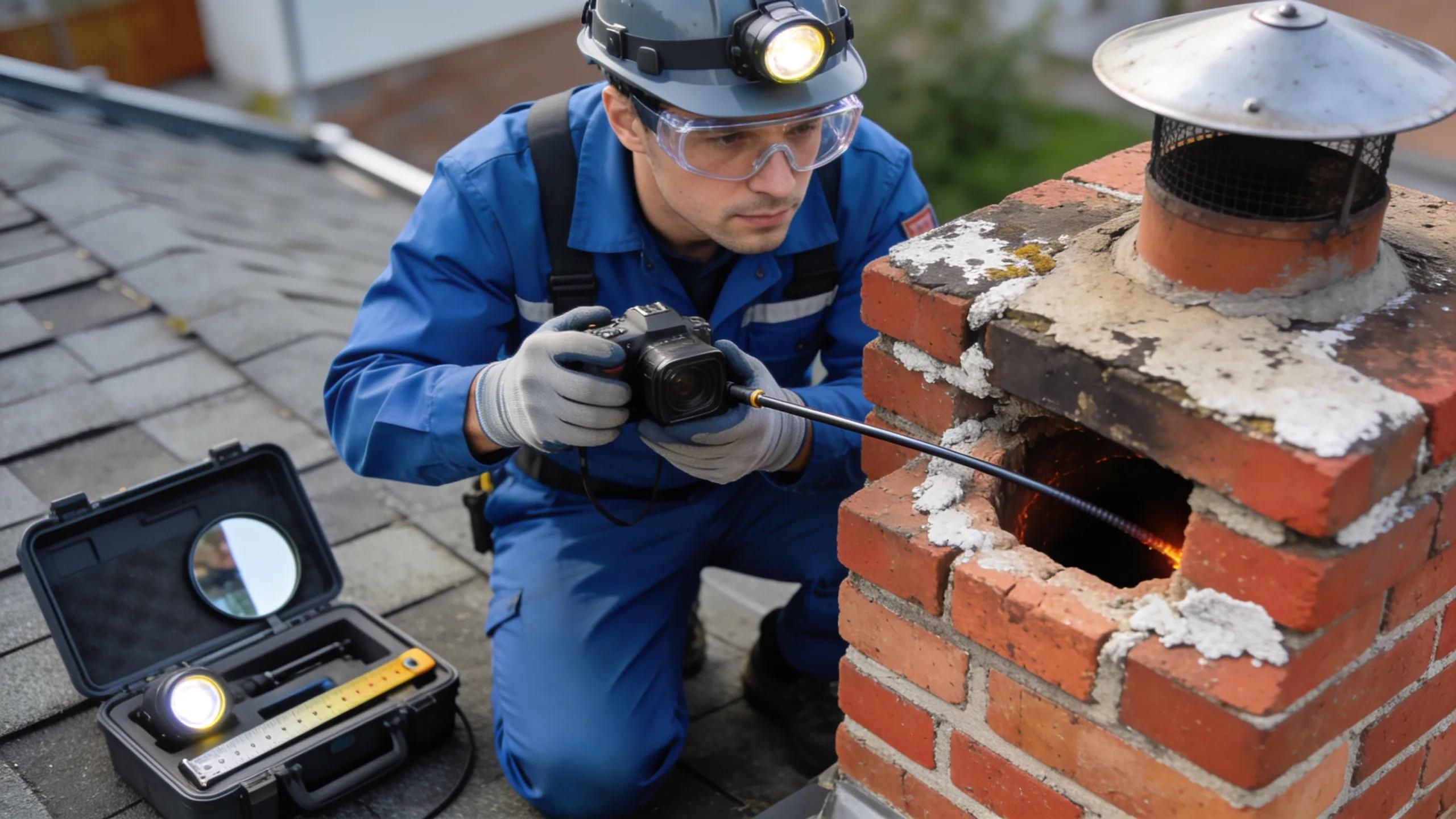 Technician inspecting a chimney with a camera, highlighting professional chimney inspection process