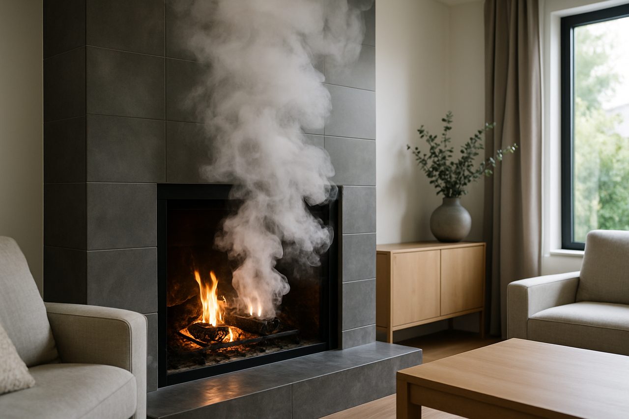 Fireplace with smoke billowing, illustrating airflow problems and chimney issues in Portland homes