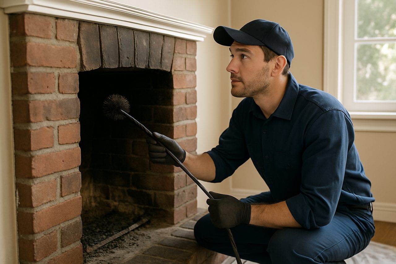 Chimney sweep inspecting fireplace for smoke problems and creosote buildup in Portland home.