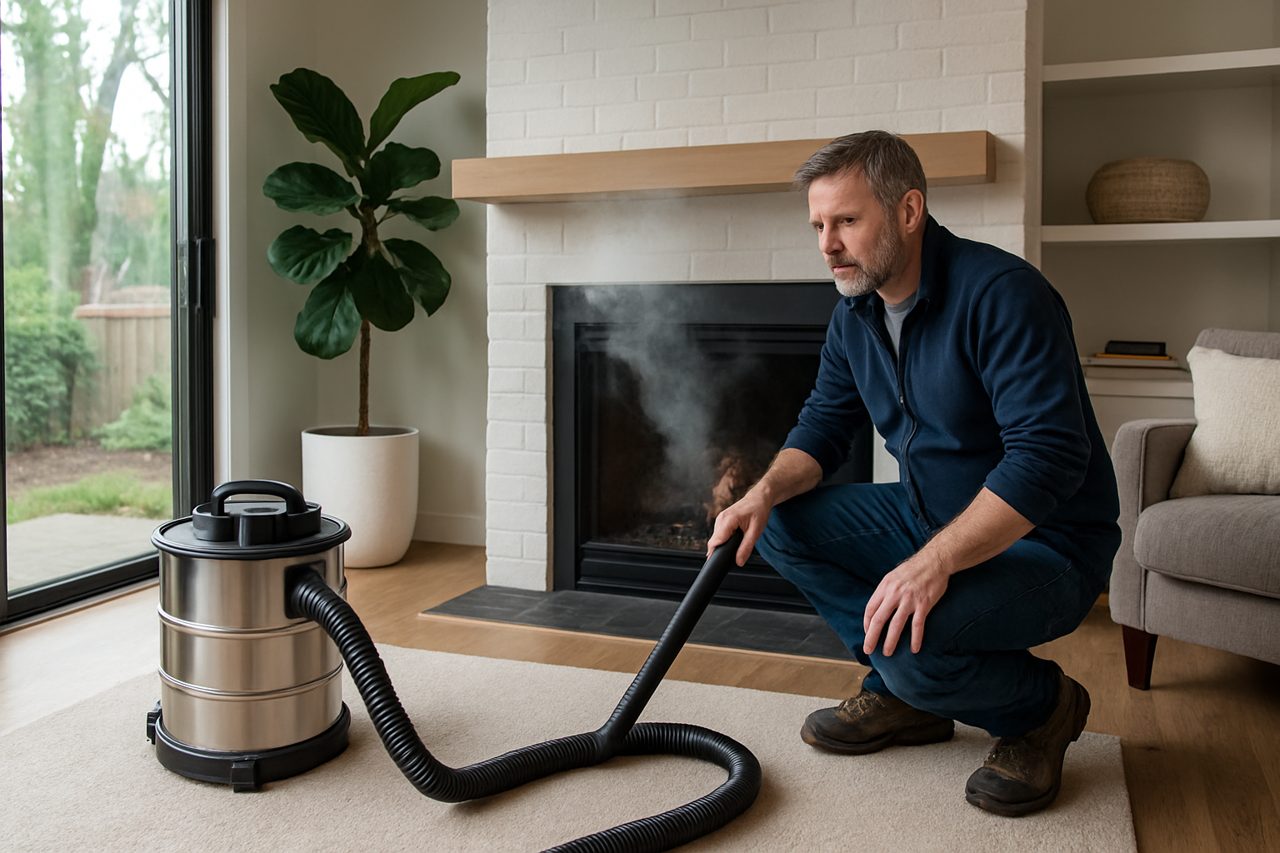 Man inspecting fireplace smoke and using vacuum for chimney maintenance in Portland home.